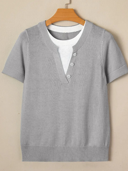 Women's Everyday Contrast Trim V Neck Knit Short Sleeve Blouse