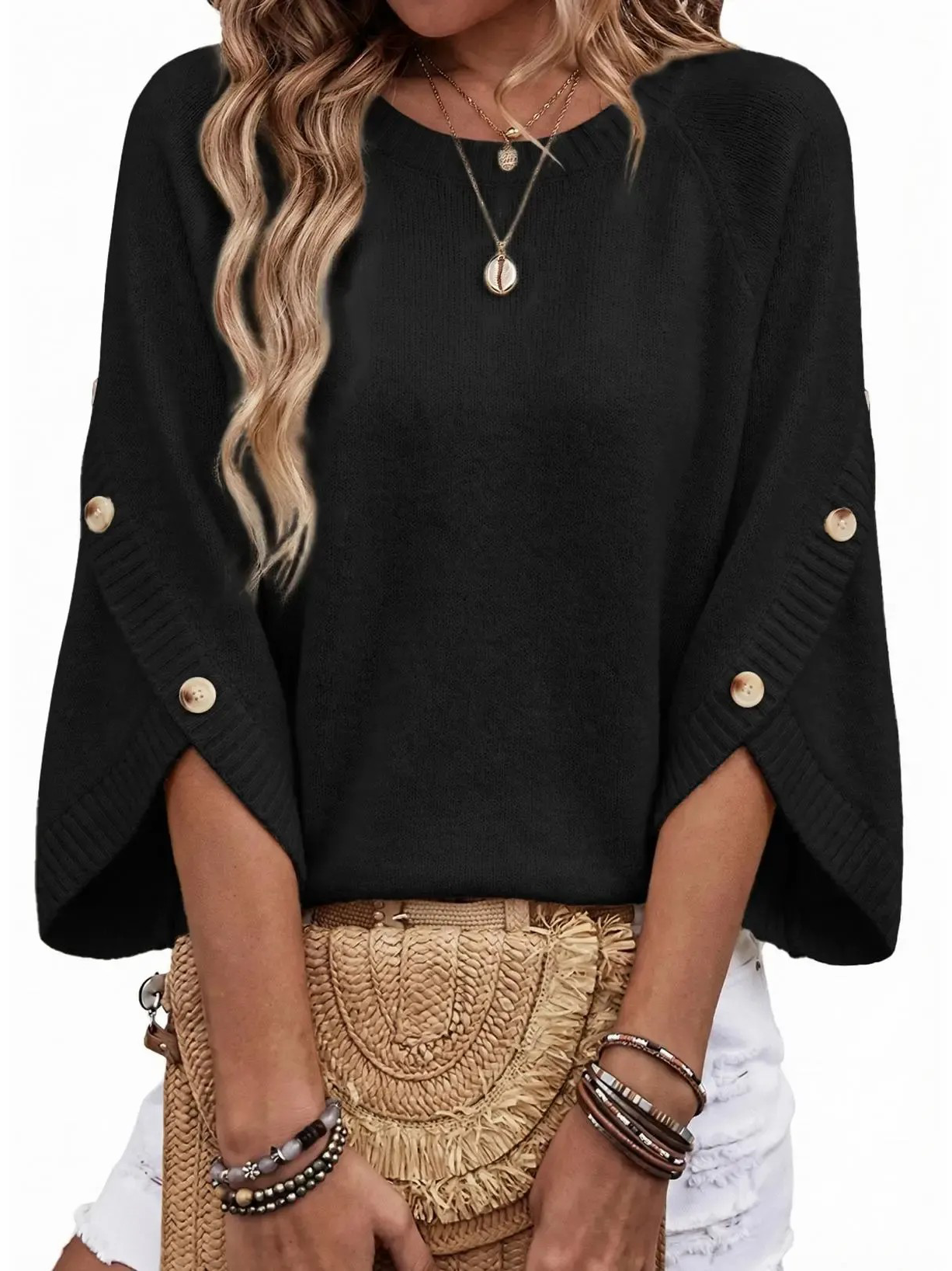 Women’s Crew Neck Raglan Sleeve Button Detail Knit Pullover