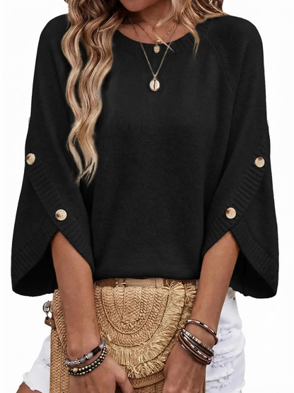 Women’s Crew Neck Raglan Sleeve Button Detail Knit Pullover