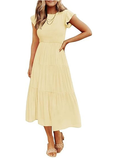 Women's Smocked Tiered Flutter Sleeve Midi Dress