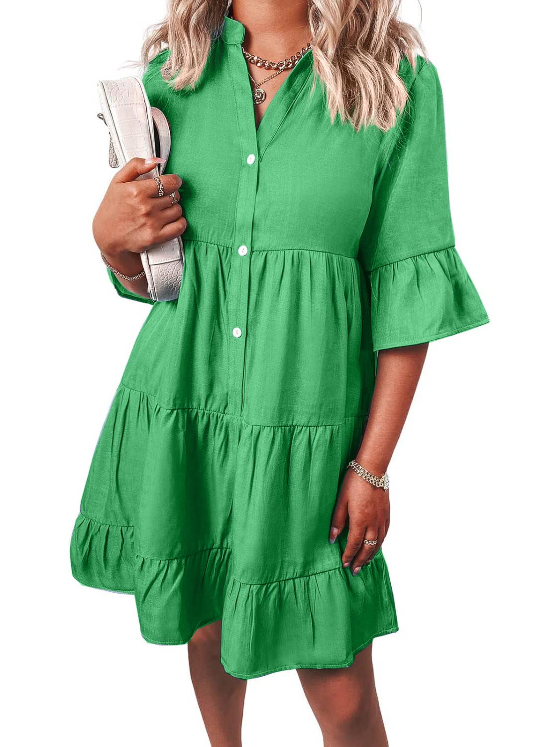 Women's Casual V Neck Ruffle Short Sleeve Summer Dress