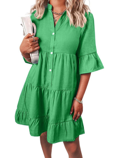 Women's Casual V Neck Ruffle Short Sleeve Summer Dress
