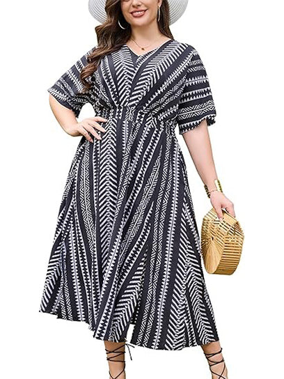 Boho Printed Empire Waist Plus Size Midi Dress