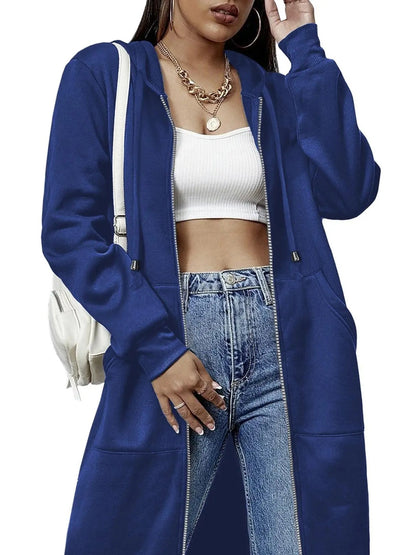 Women's Casual Long Hooded Zip Up Jacket