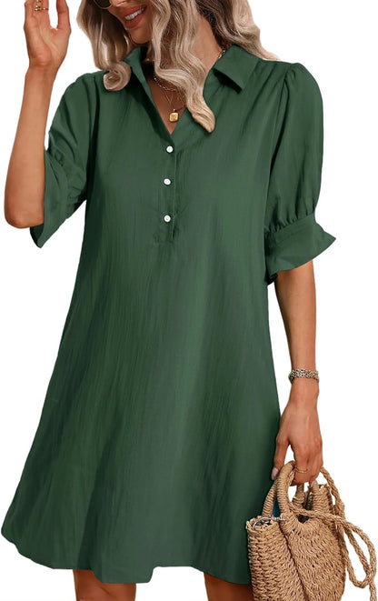 Women's Solid Ruffle Sleeve Button Down Shirt Dress