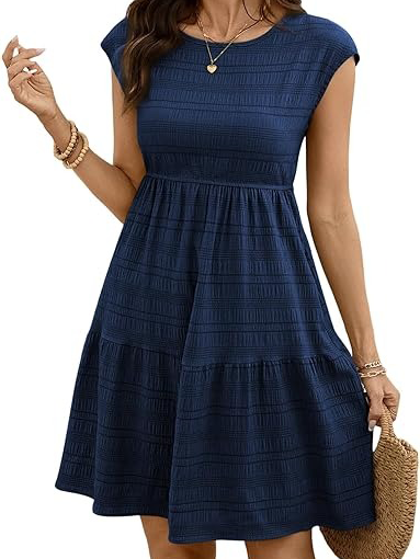 Women's Round Neck Cap Sleeve Textured Tiered Midi Dress