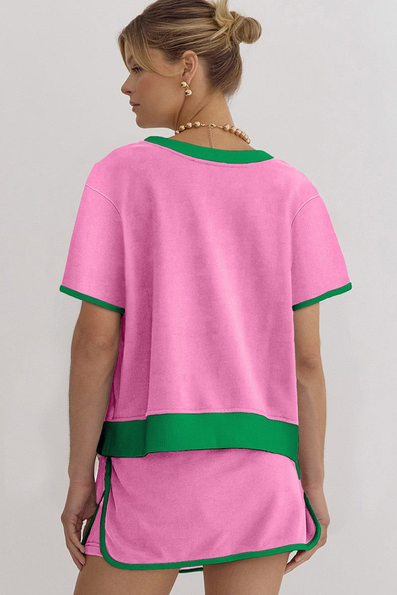 Women's Colorblock Edge Drop Shoulder T-Shirt Skort 2Pcs Set