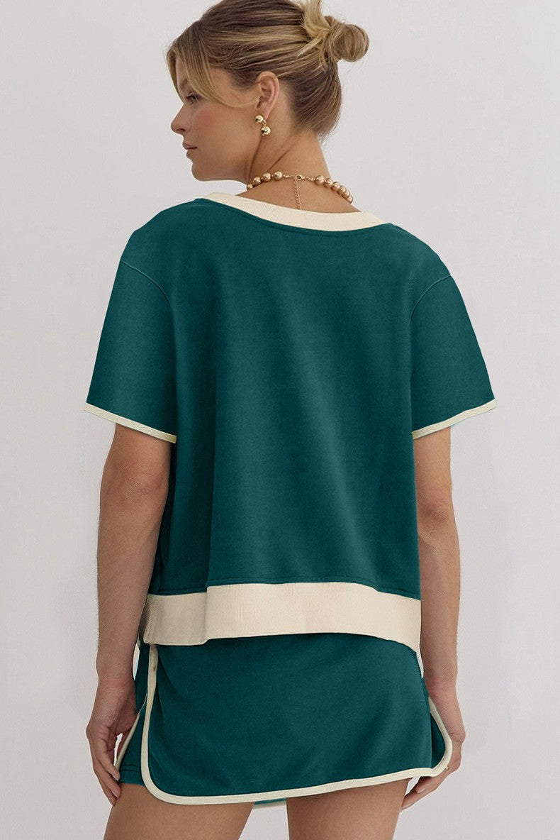 Women's Colorblock Edge Drop Shoulder T-Shirt Skort 2Pcs Set