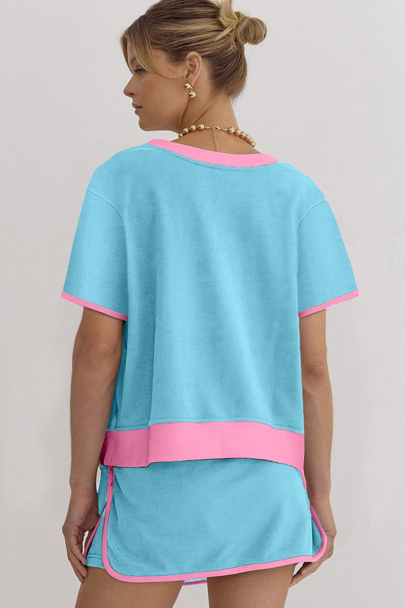 Women's Colorblock Edge Drop Shoulder T-Shirt Skort 2Pcs Set