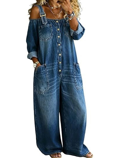 Women's Vintage Washed Off Shoulder Denim Wide Leg Overalls