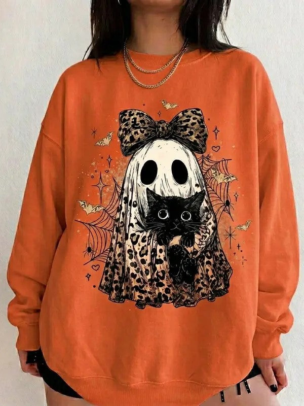 Vintage Halloween Leopard Bow Ghost Black‑Cat Sweatshirt