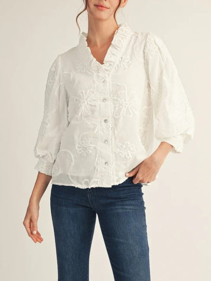 Women's Embroidered Flower Ruffle Neck Puff Sleeve Top