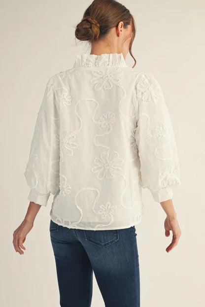 Women's Embroidered Flower Ruffle Neck Puff Sleeve Top