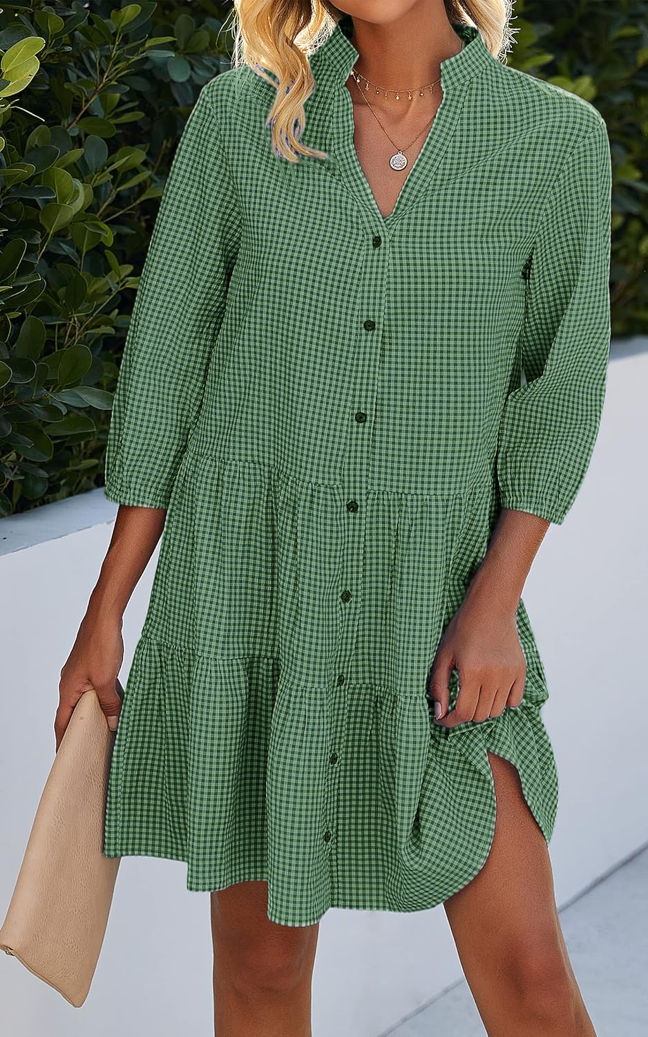 Women's Button Down 3/4 Sleeve Gingham Shirt Dress