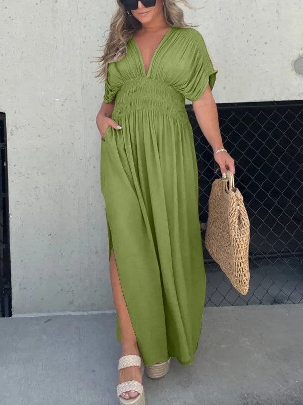 V-neck Dress With Slit And Gathered Waist