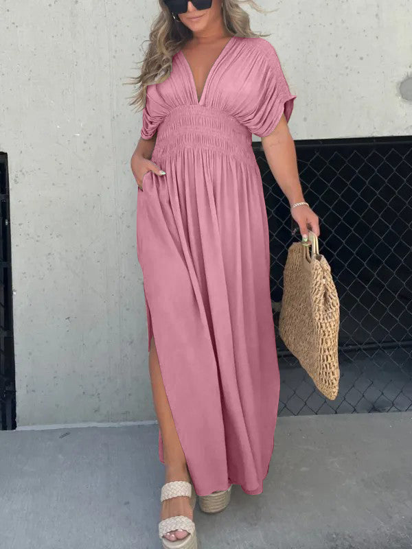 V-neck Dress With Slit And Gathered Waist