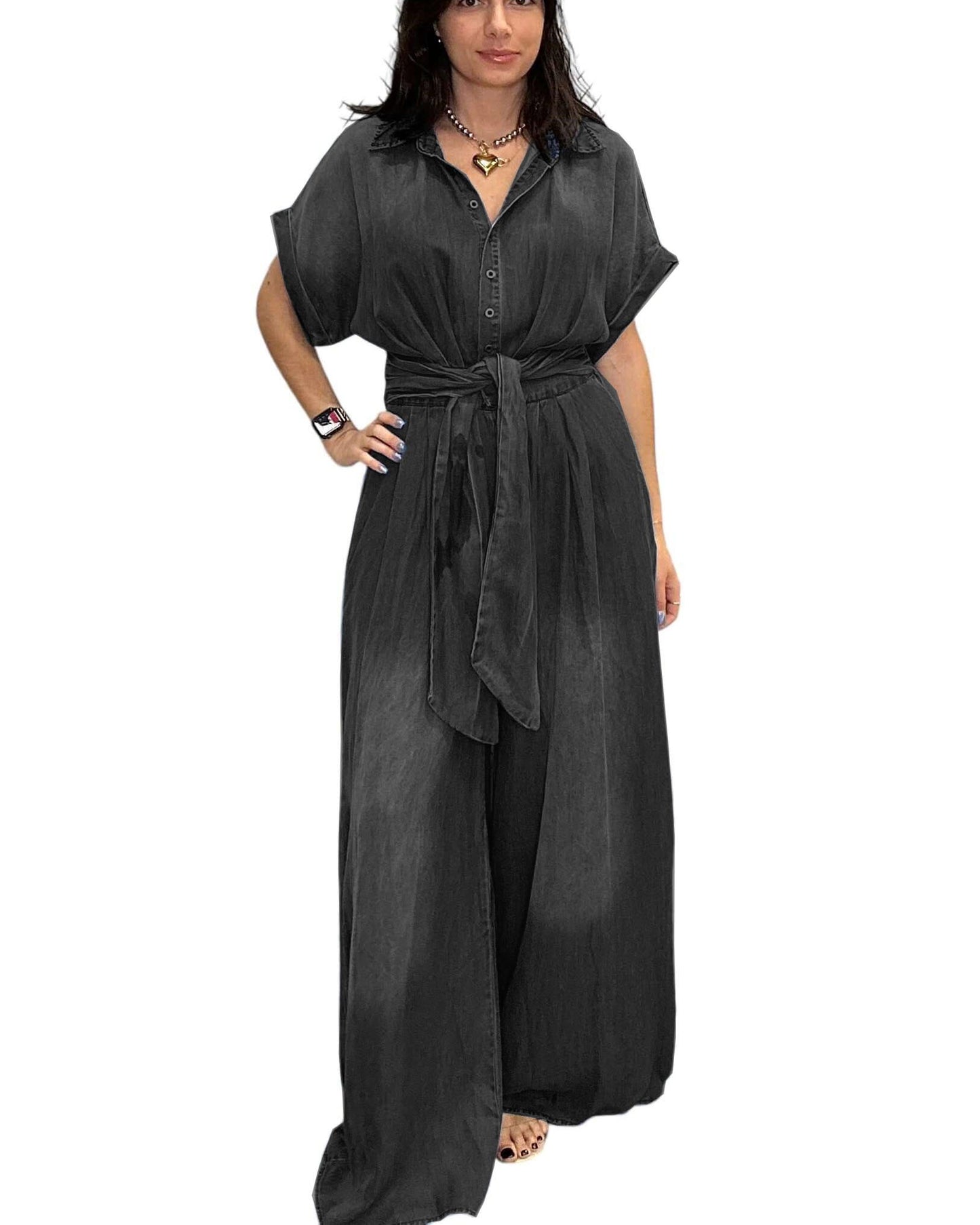 Women's Tie-Waist Wide-Leg Denim Jumpsuit