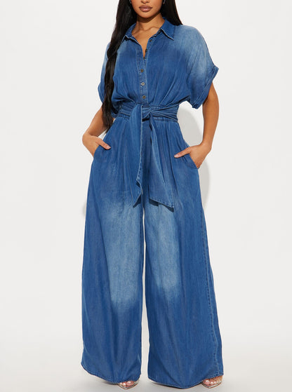 Women's Tie-Waist Wide-Leg Denim Jumpsuit