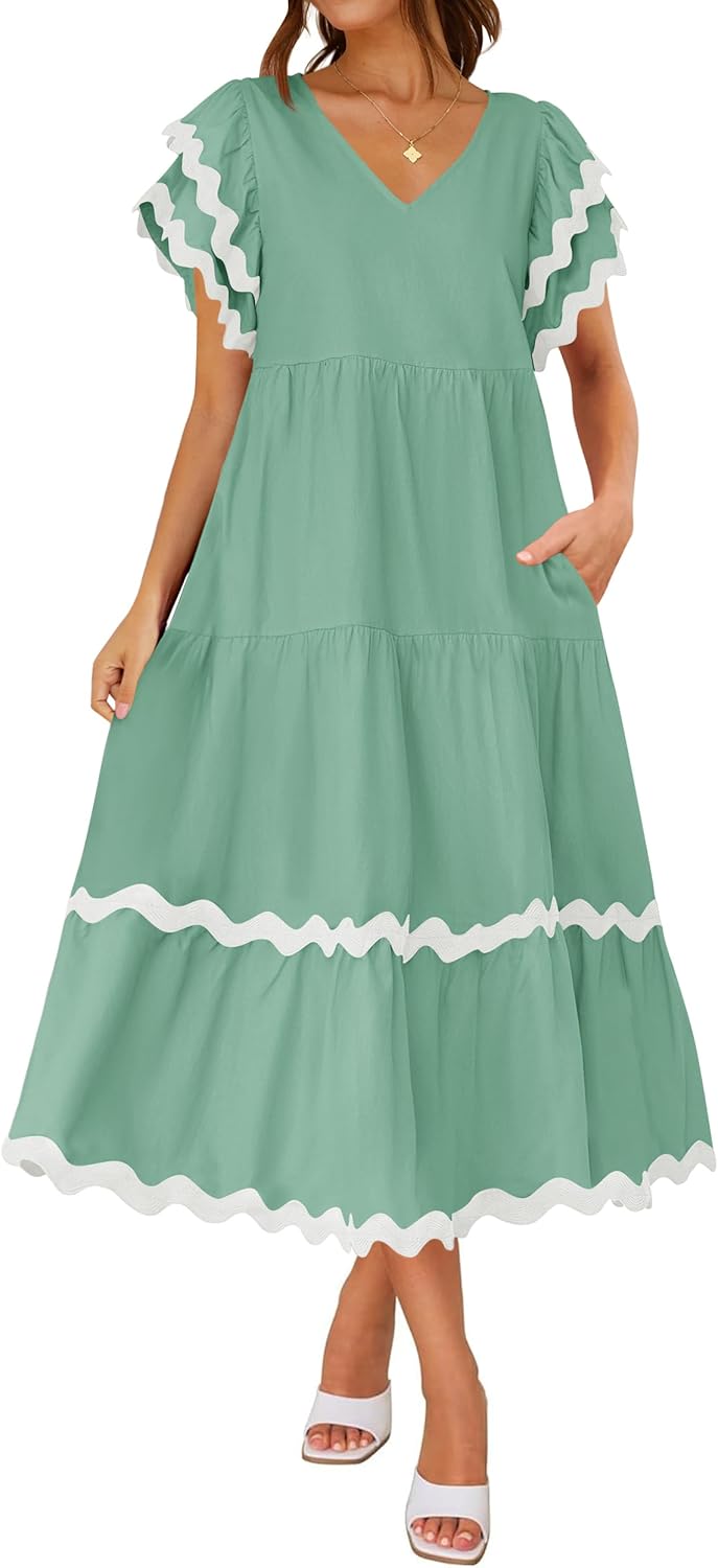 Women's V Neck Flutter Short Sleeve Tiered Long Dress