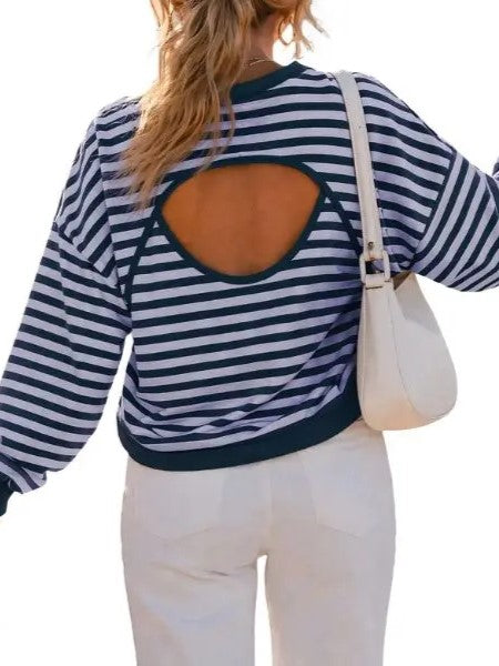 Women's Fall Striped Back Cutout Oversized Sweatshirt