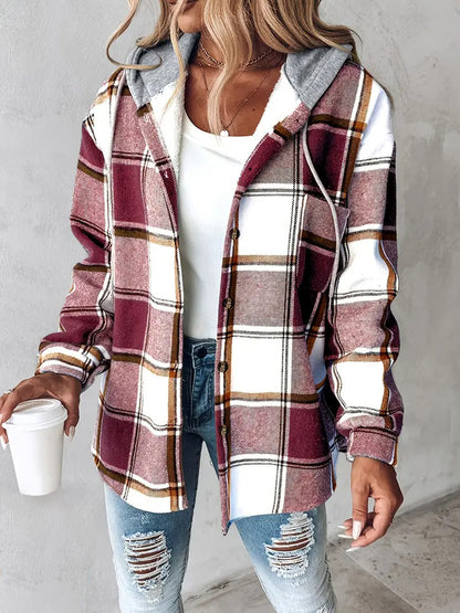 Women's Plaid Button Down Fleece Lined Hooded Jackets