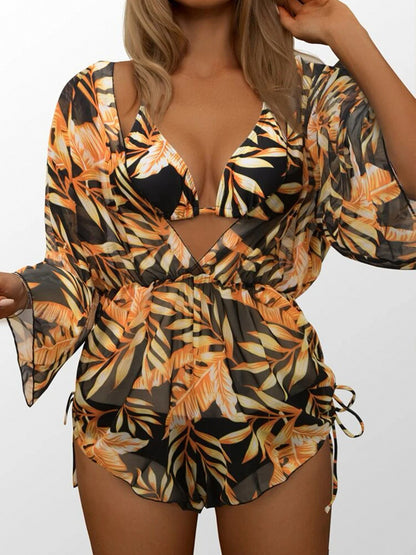 Geometric Print Halter Bikini Swimsuit & Cover Up 3 Piece Set