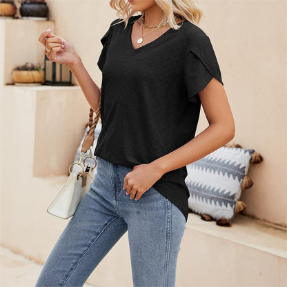 Solid color V-neck tile sleeve short-sleeved T-shirt