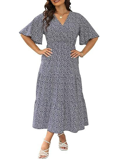 Boho Printed Empire Waist Plus Size Midi Dress