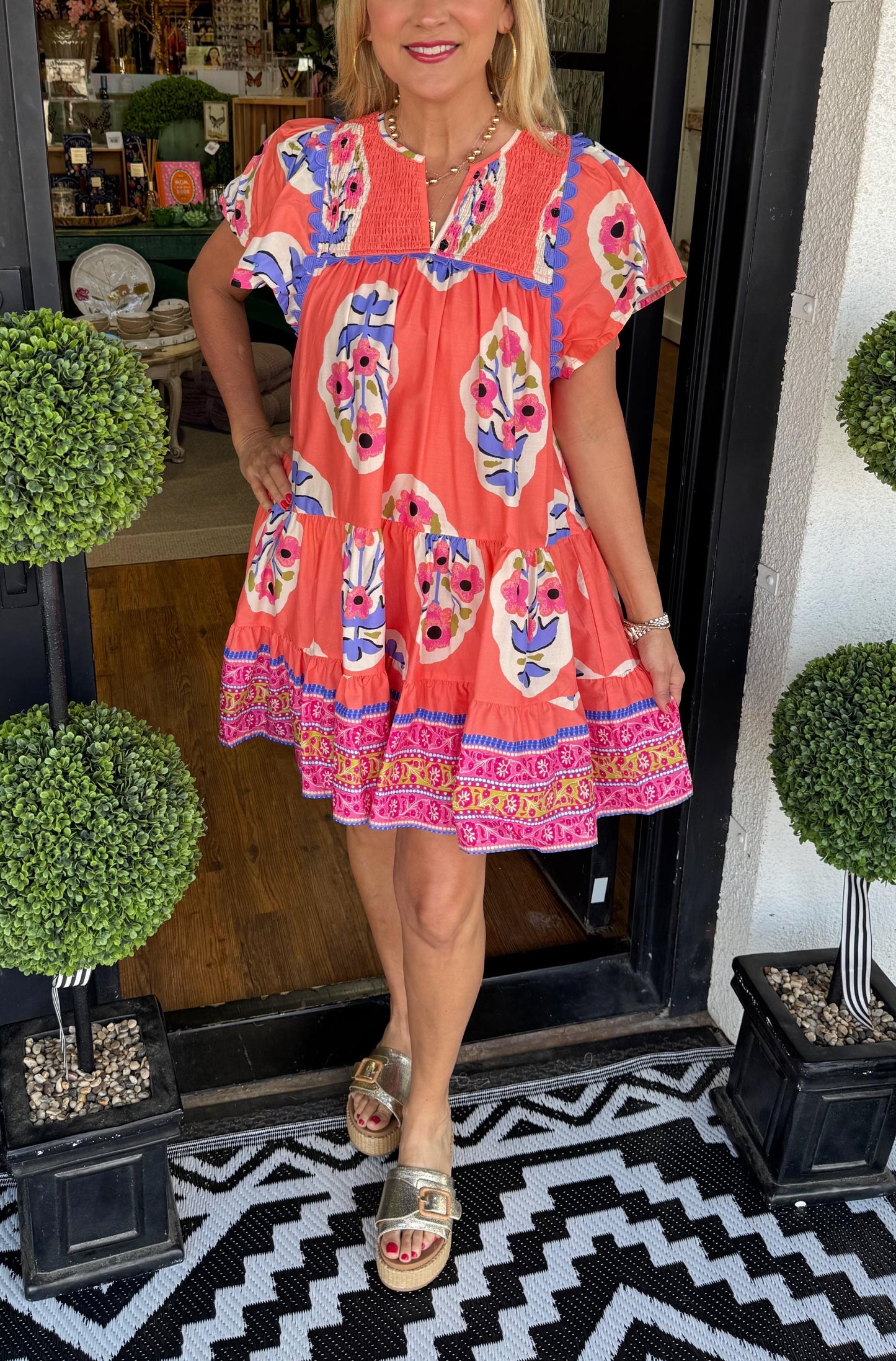 Women's V-neck Puff Sleeve Printed Short Dress