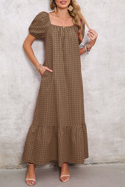 Women's Square Neck Puff Sleeve Plaid Maxi Dress