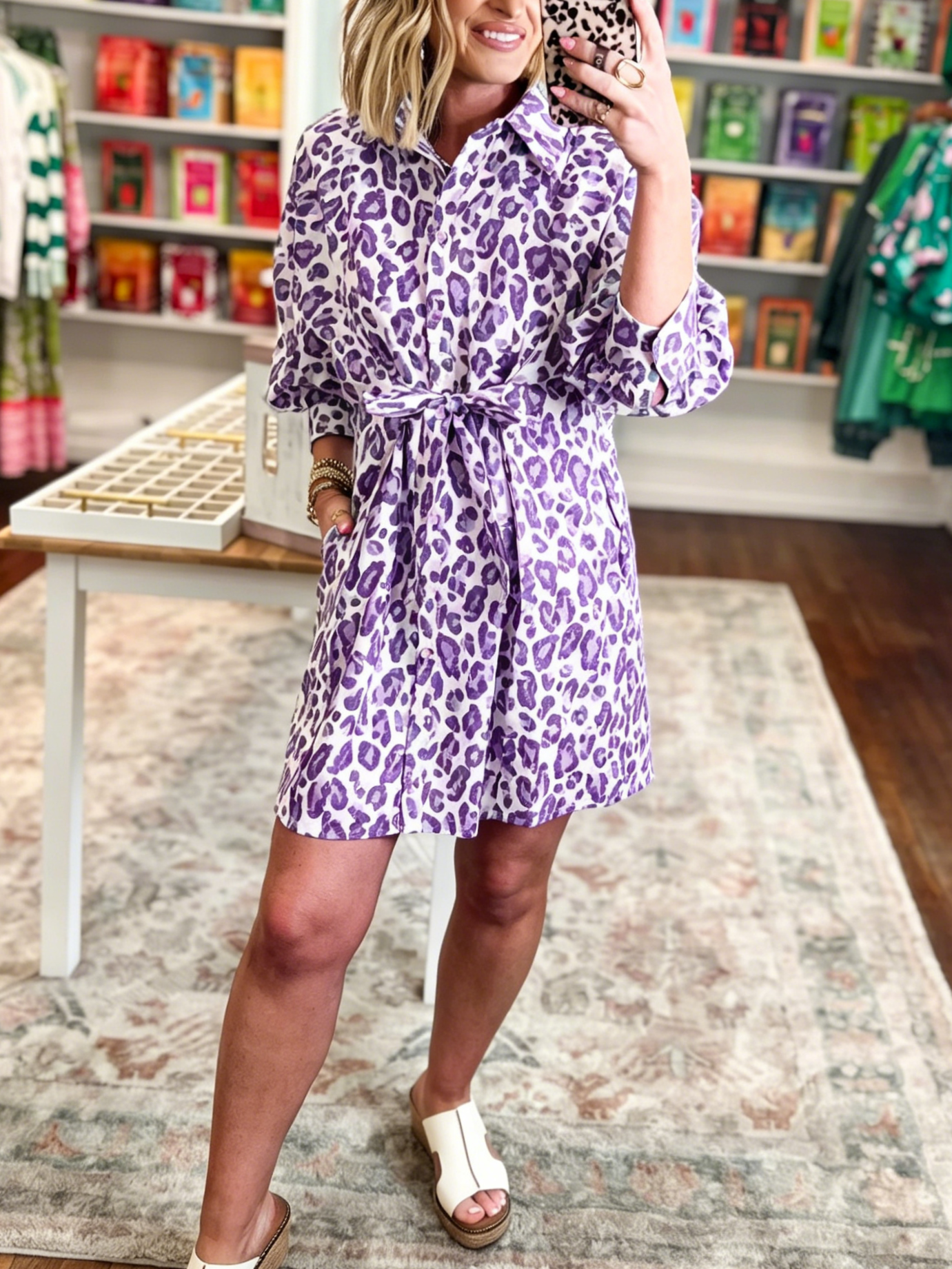 Women's Casual Leopard Print Mini Shirt Dress with Pockets