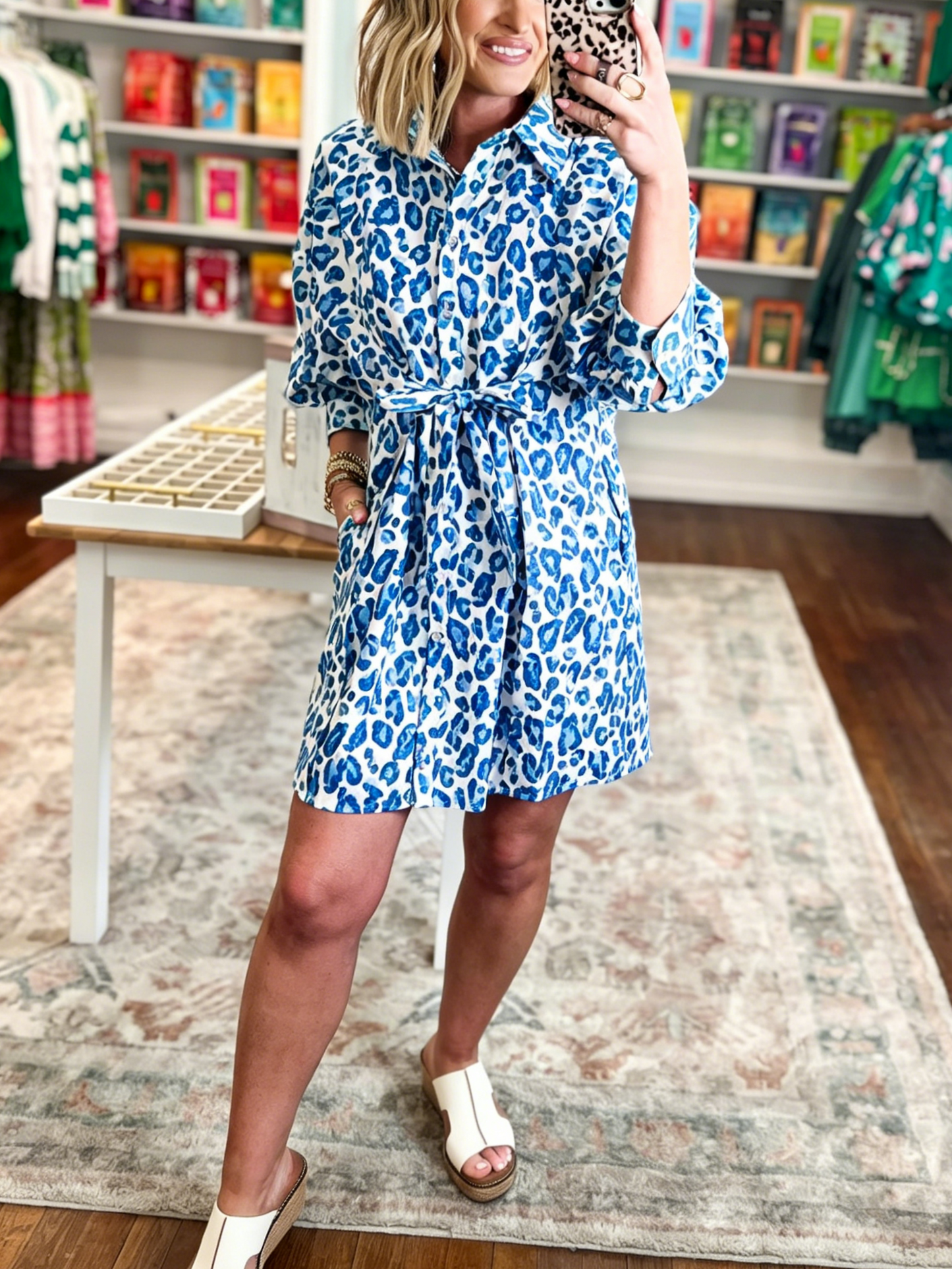 Women's Casual Leopard Print Mini Shirt Dress with Pockets