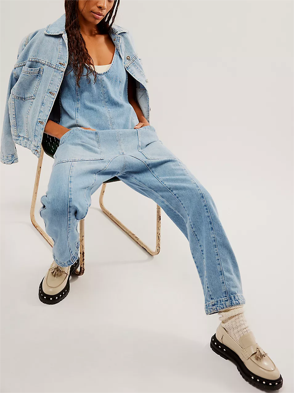 Women's Denim Sleeveless Loose Jumpsuit with Pockets
