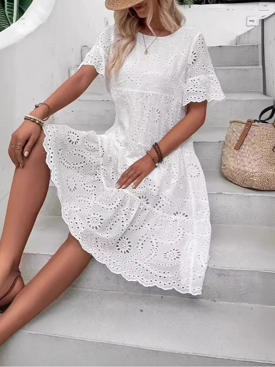 Eyelet Flutter Sleeve Tiered Midi Dress