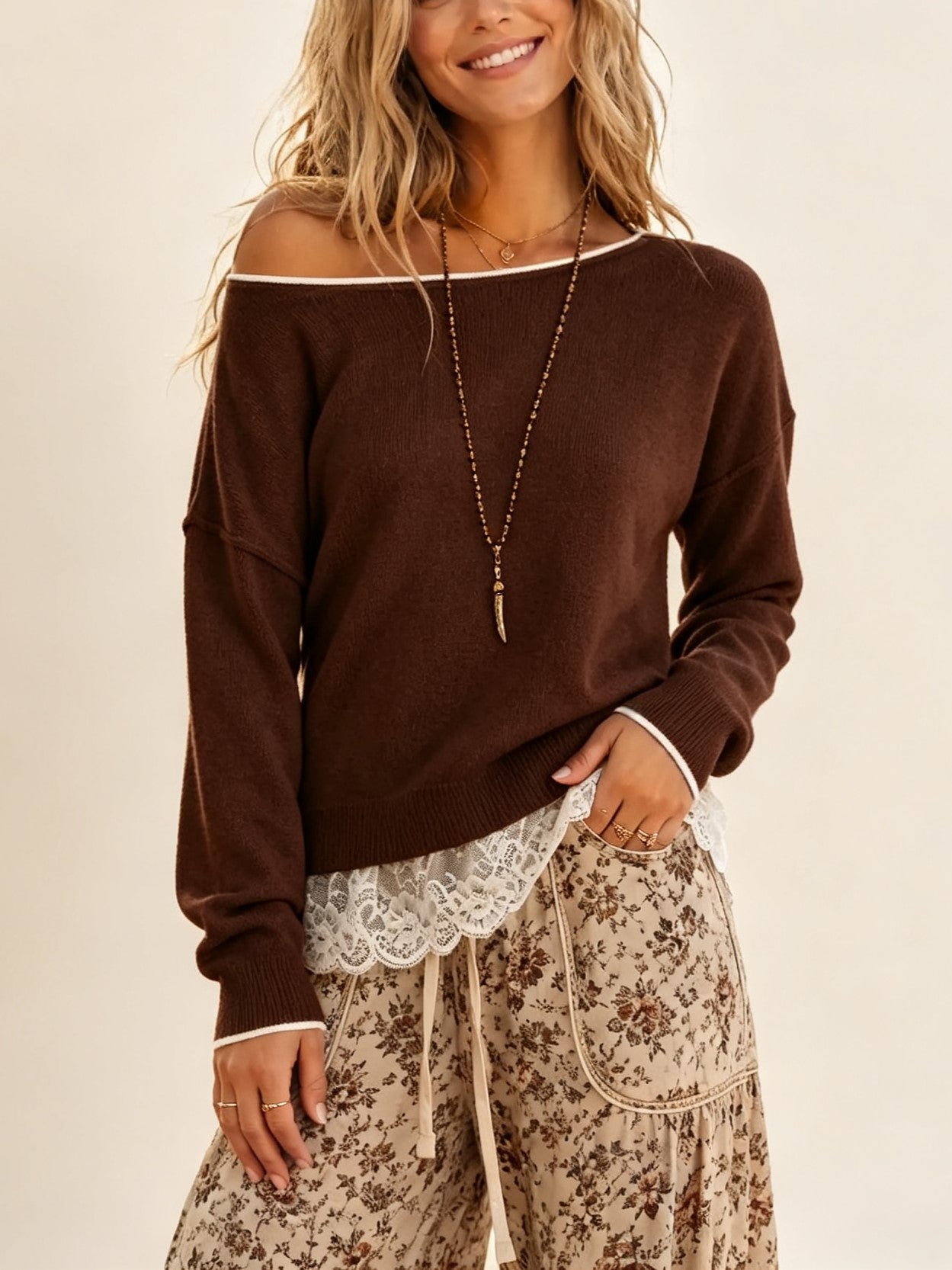 Women's Off‑Shoulder Drop Shoulder Sweater With Lace Trim