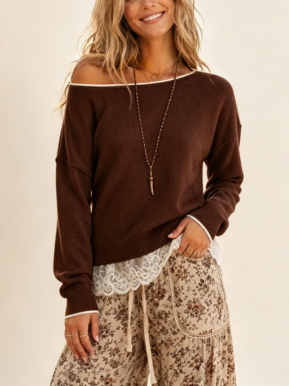 Women's Off‑Shoulder Drop Shoulder Sweater With Lace Trim