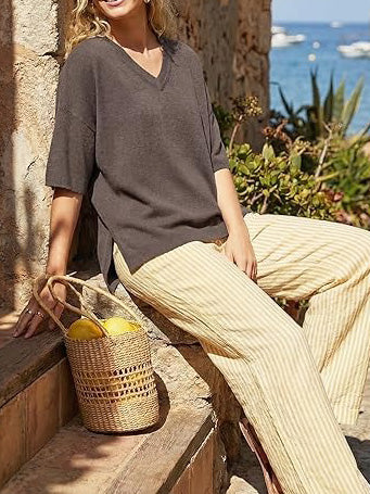 Women's V-Neck Elbow Sleeve Wool Blend Oversized Sweater