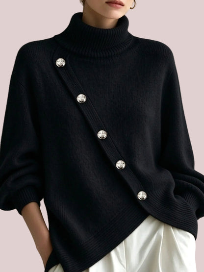 Women's Minimalist Asymmetric Button Turtleneck Sweater