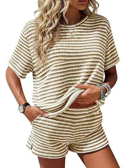 Women's Knit Striped 2 Piece Short Set