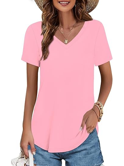 Women's V-neck Short Sleeve Curved Hem Tee Top (Buy 3 Free Shipping)