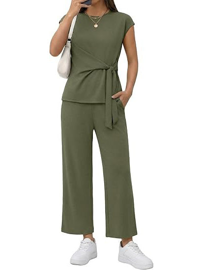 Women's Casual Cap Sleeve Wrap Waist Matching Set