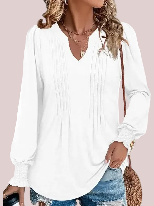 Women's Print Notch V‑Neck Long Sleeve Top