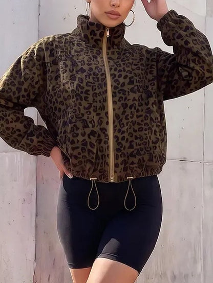 Women Leopard Print Corduroy Cropped Jacket