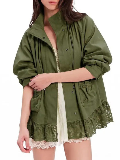 Women's Casual Lace Hem Stand Collar Jacket