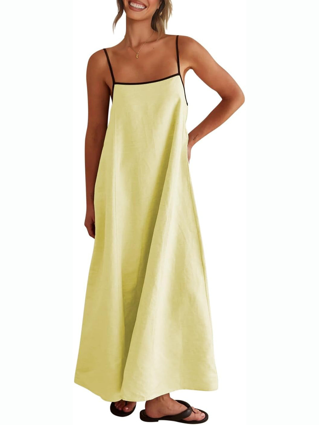 Women's Color Block Spaghetti Strap Maxi Dress with Pockets