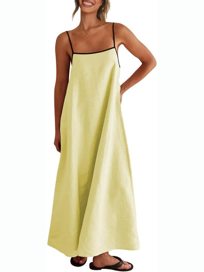 Women's Color Block Spaghetti Strap Maxi Dress with Pockets