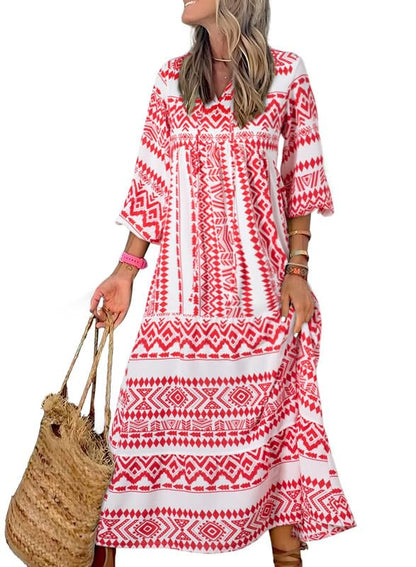 Women's Puff Sleeve Smocked Ruffle Boho Maxi Dress