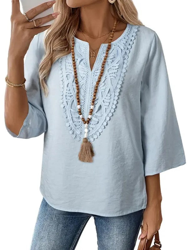 Women's Split V Neck Roll Sleeve Casual Boho Blouse