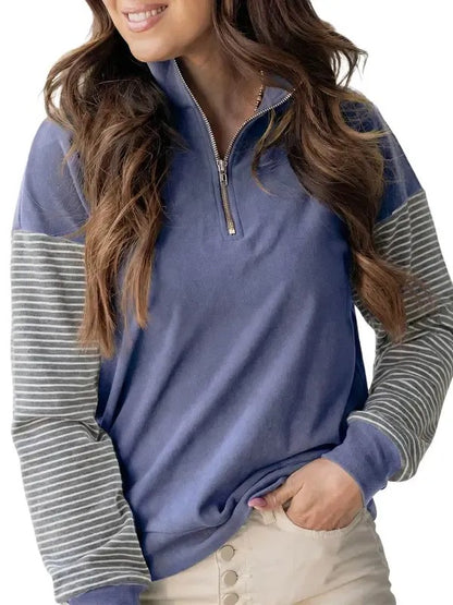 Women's Color Block Half Zip Striped Raglan Sweatshirt