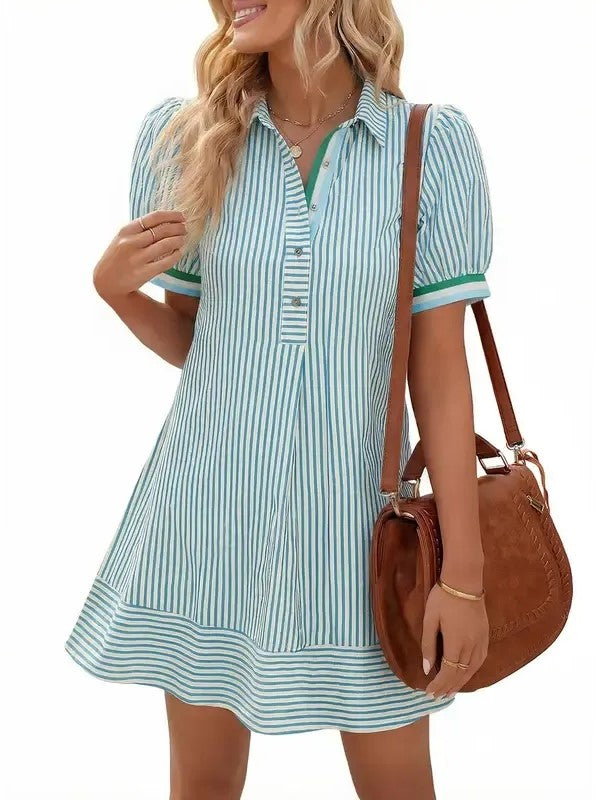Women's Collar Half Button Casual Striped Dress